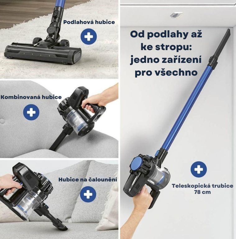 CleanMaxx AKU cyklónový tyčový a ruční vysavač s rotačním kartáčem 2v1 ATVSB-19118 černomodrý (3)